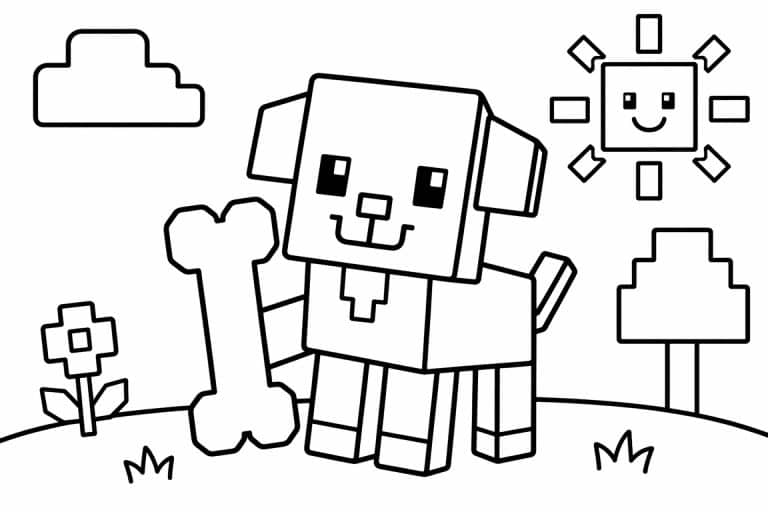 Blockwelt Hund mit Knochen - Ausmalbild ab 2 Jahren