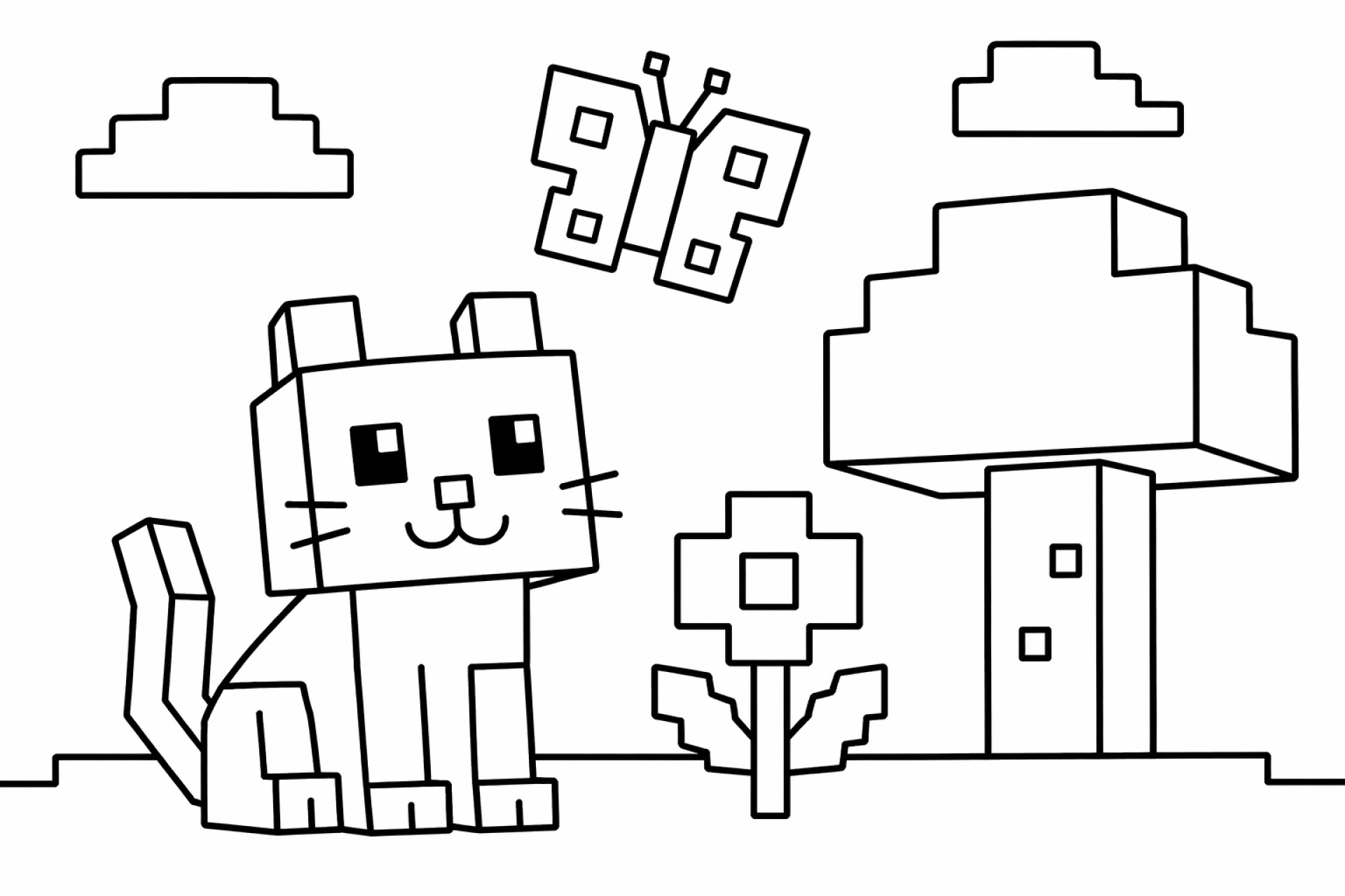 Blockwelt Katze - Ausmalbild ab 2 Jahren