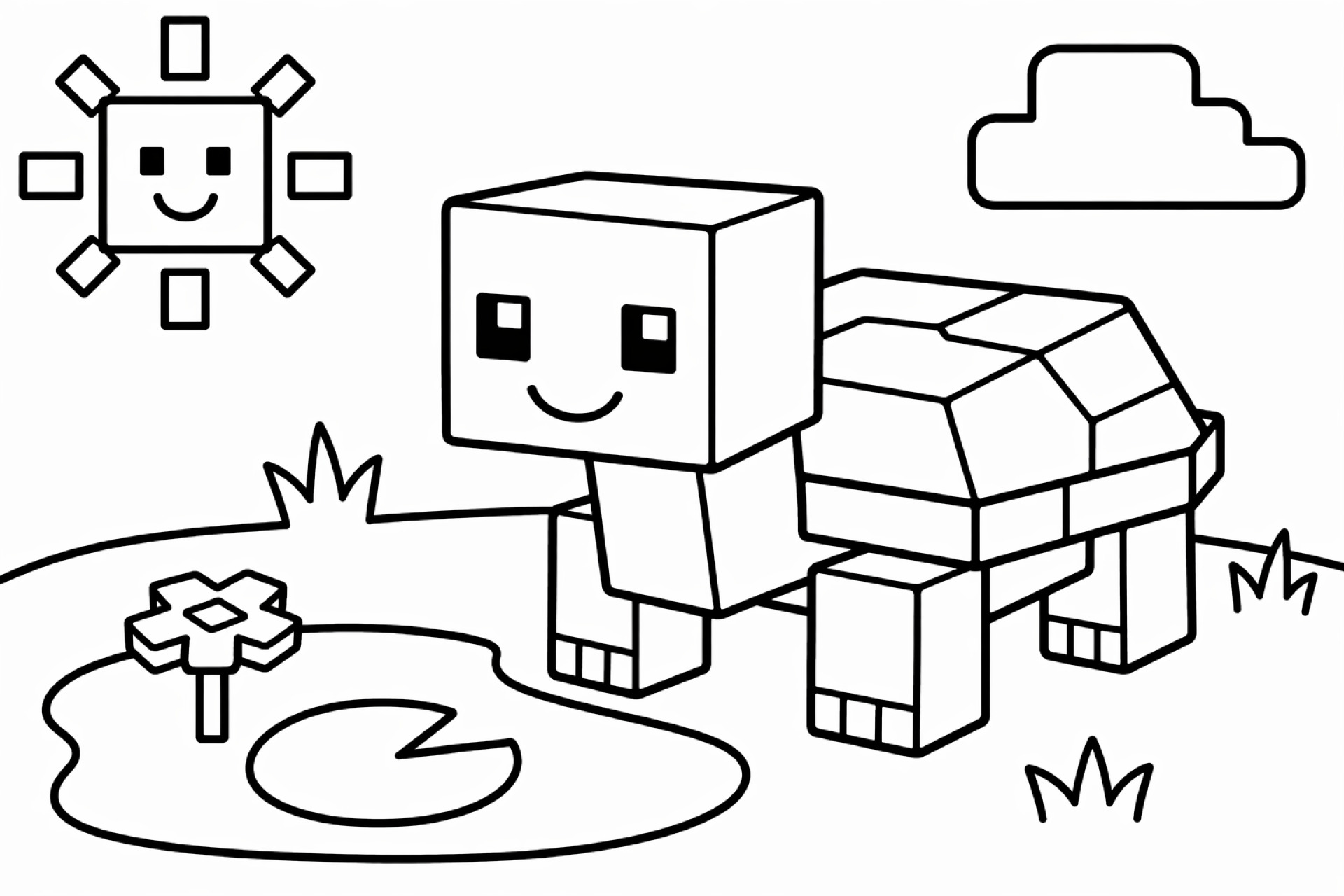 Blockwelt Schildkröte am Teich - Ausmalbild ab 2 Jahren