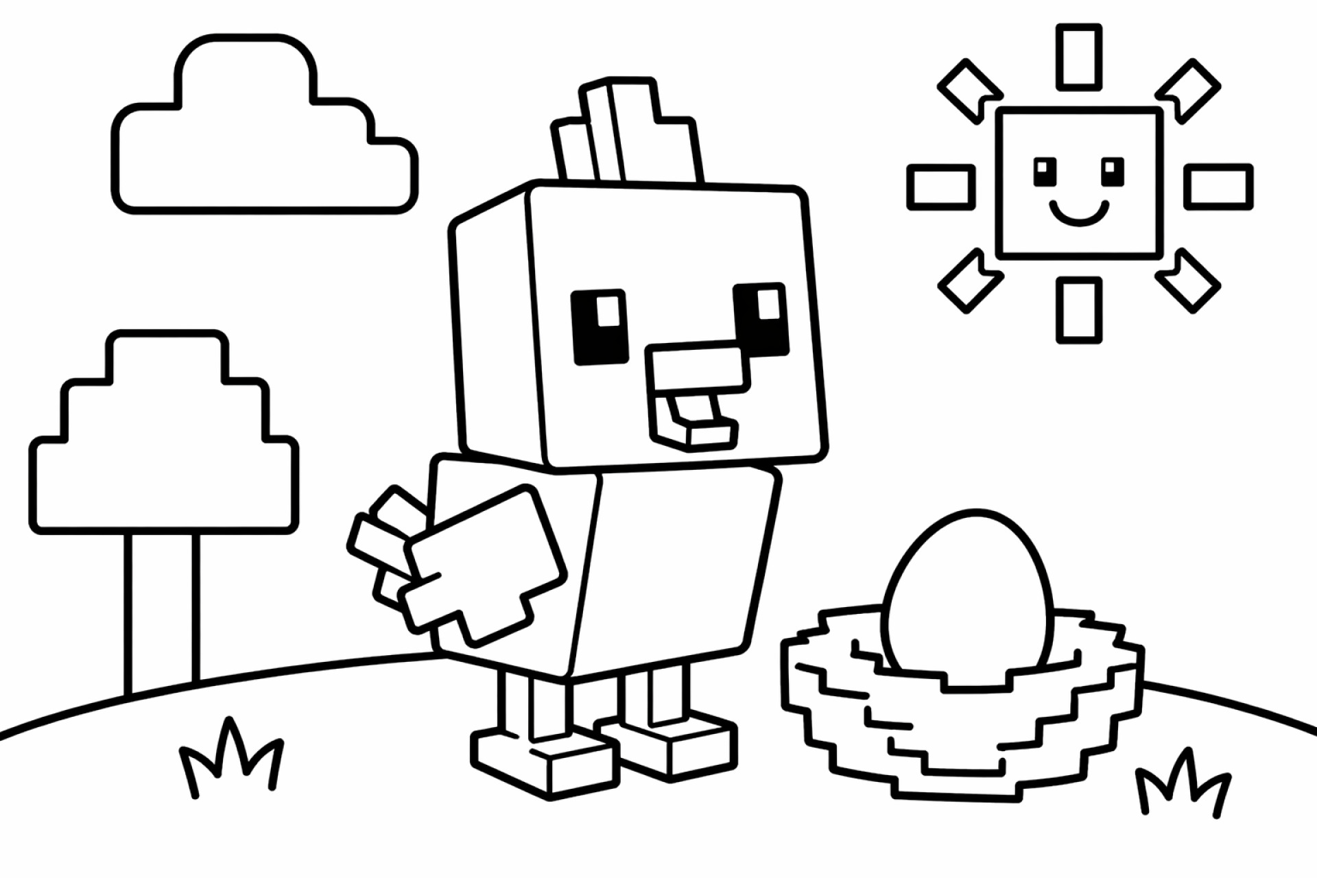 Blockwelt Vogel mit Ei - Ausmalbild ab 2 Jahren