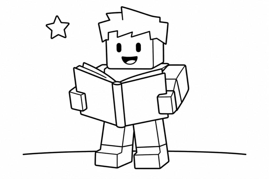 Bloxwelt Figur liest ein Buch - Ausmalbild ab 2 Jahren