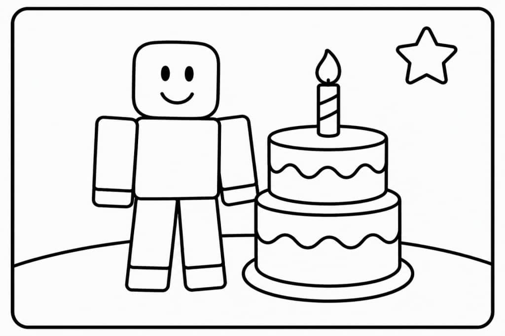 Bloxwelt Figur mit Geburtstagstorte - Ausmalbild ab 2 Jahren