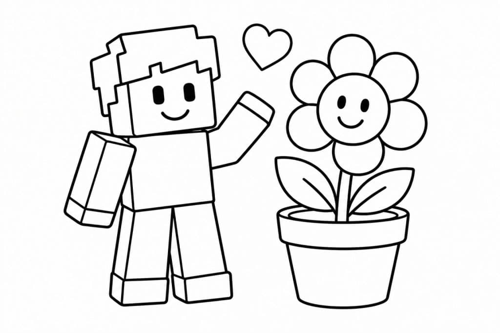 Bloxwelt Figur mit großer Blume - Ausmalbild ab 2 Jahren