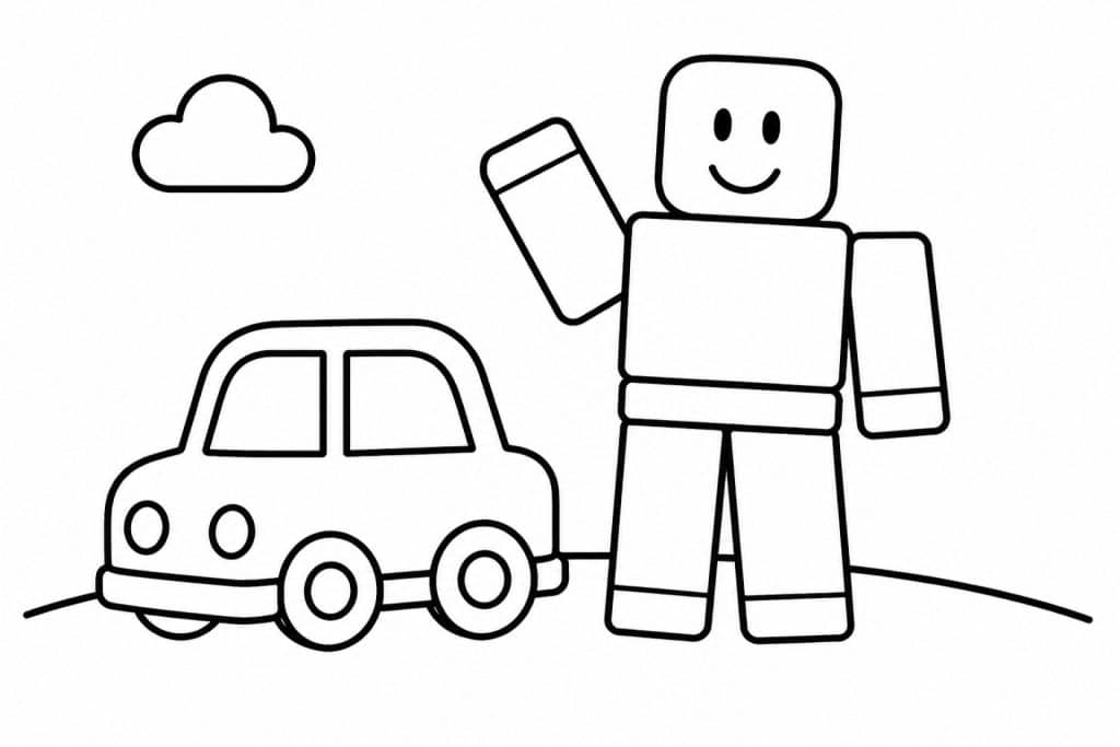 Bloxwelt Figur mit kleinem Auto - Ausmalbild ab 2 Jahren
