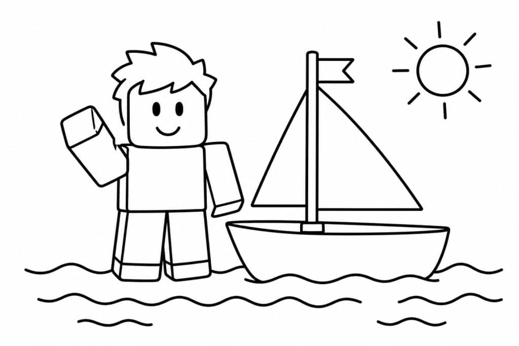 Bloxwelt Figur mit Segelboot - Ausmalbild ab 2 Jahren