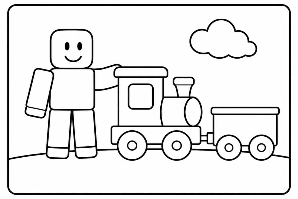 Bloxwelt Figur mit Spielzeugzug - Ausmalbild ab 2 Jahren