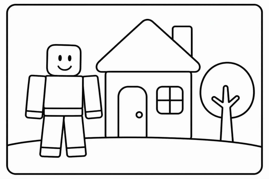 Bloxwelt Figur vor kleinem Haus - Ausmalbild ab 2 Jahren