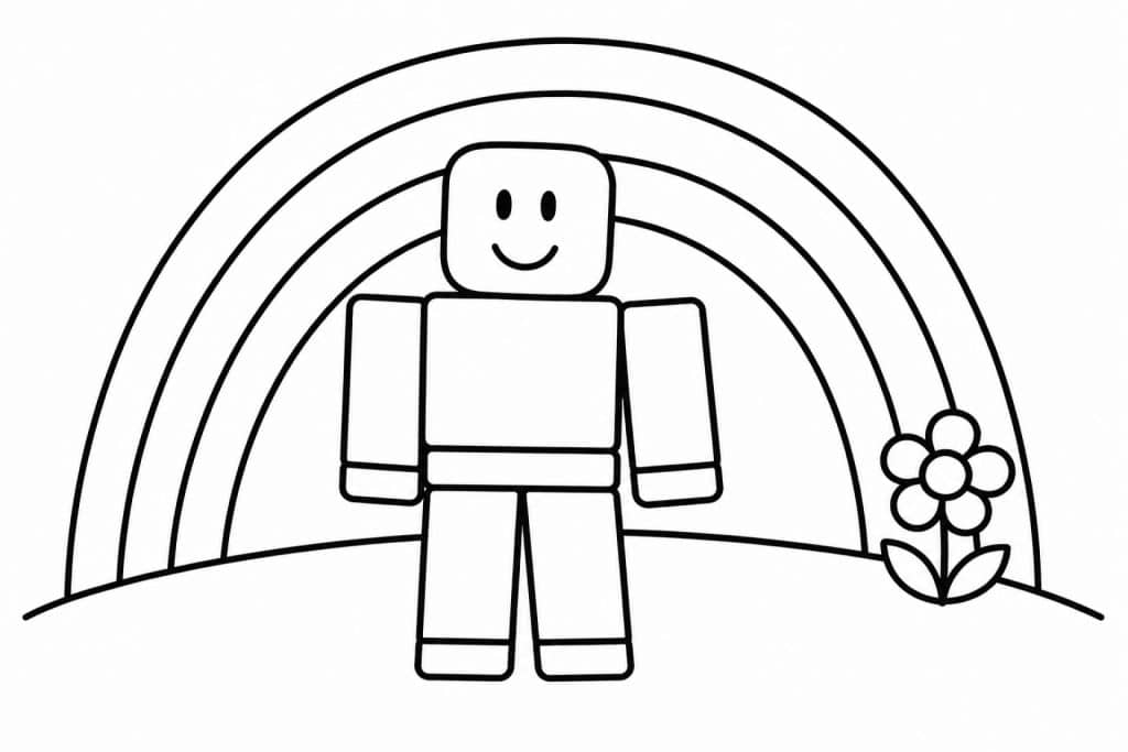 Bloxwelt Figur vor Regenbogen - Ausmalbild ab 2 Jahren