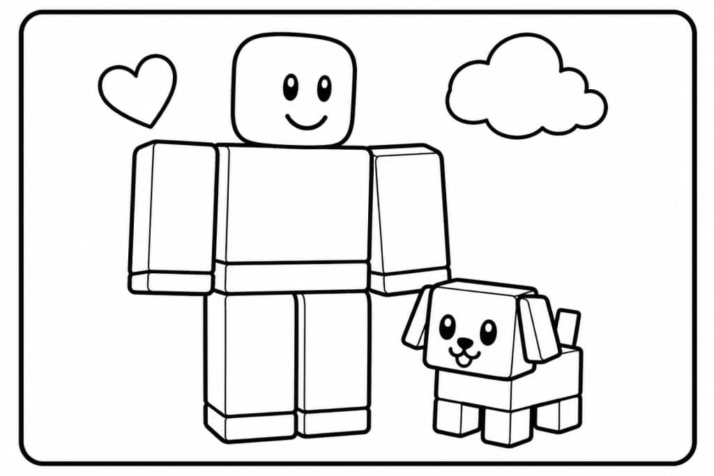 Bloxwelt Freund mit kleinem Haustier - Ausmalbild ab 2 Jahren