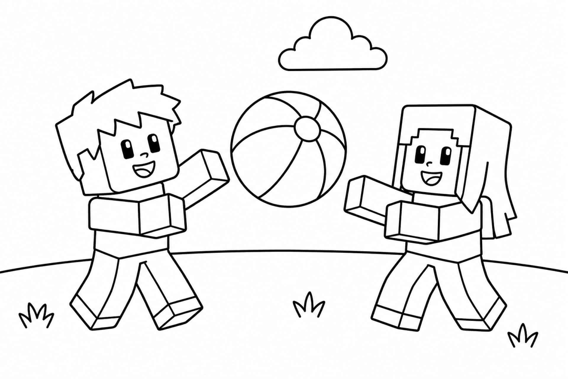 Zwei Bloxwelt Figuren spielen Ball - Ausmalbild ab 2 Jahren