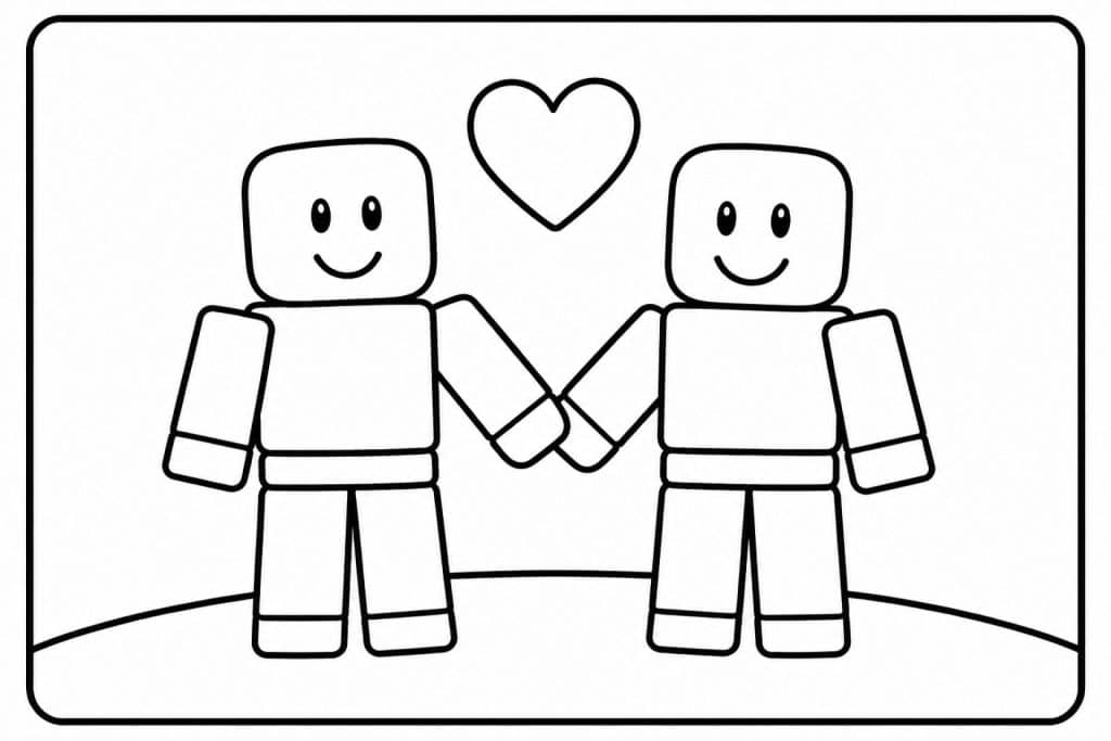 Zwei Bloxwelt Freunde halten Hände - Ausmalbild ab 2 Jahren