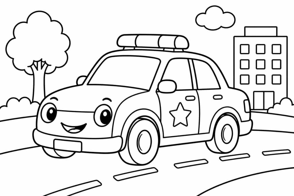 Freundliches Polizeiauto – Ausmalbild für Kinder ab 4 Jahren