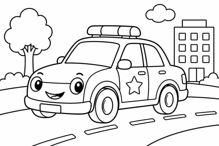 Freundliches Polizeiauto – Ausmalbild für Kinder ab 4 Jahren