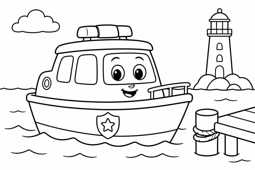 Polizeiboot - Ausmalbild ab 4 Jahren