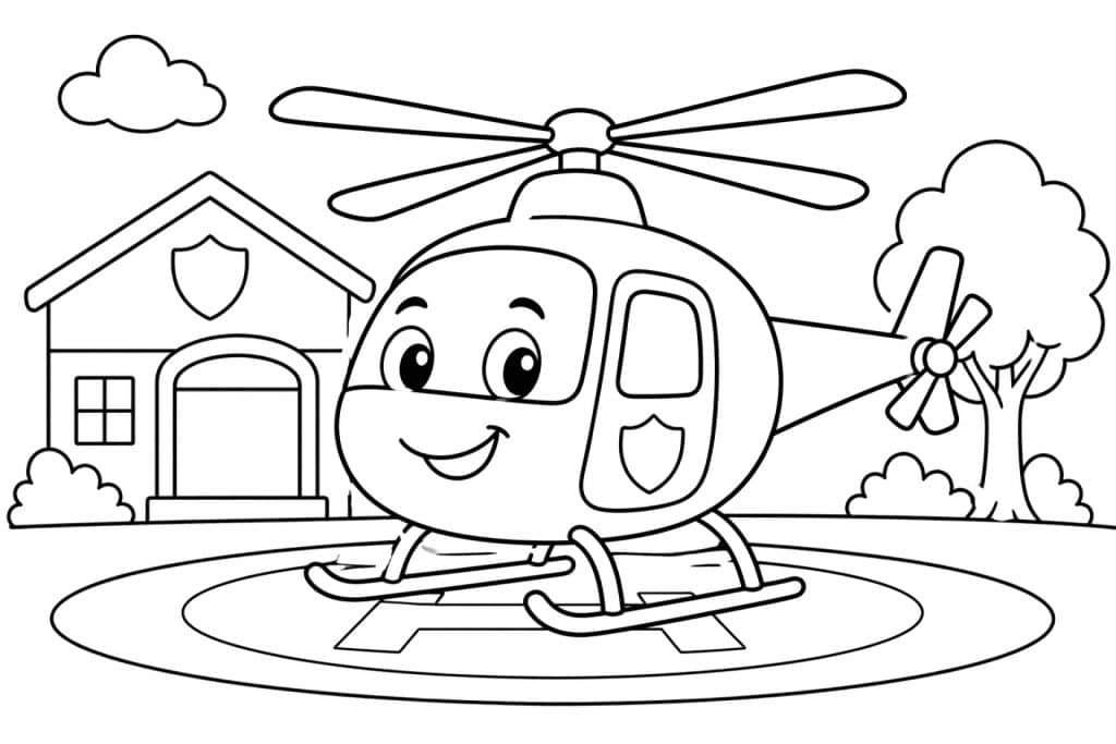Polizeihubschrauber auf dem Landeplatz - Ausmalbild ab 4 Jahren