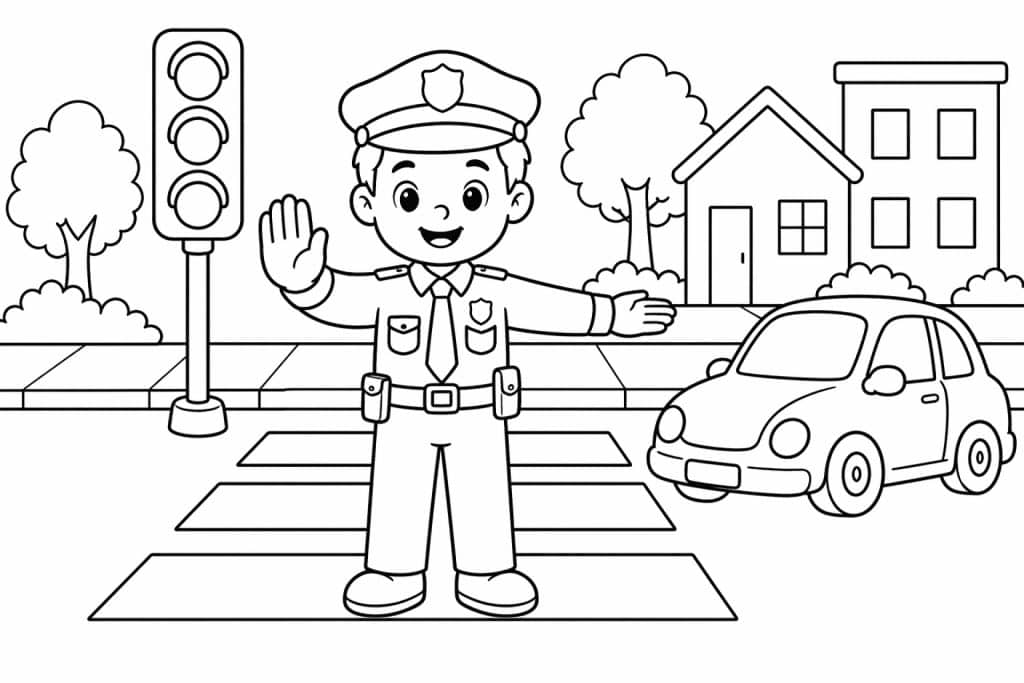 Polizist regelt den Verkehr - Ausmalbild ab 4 Jahren