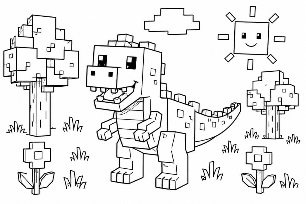 Blockwelt Dinosaurier - Ausmalbild ab 4 Jahren