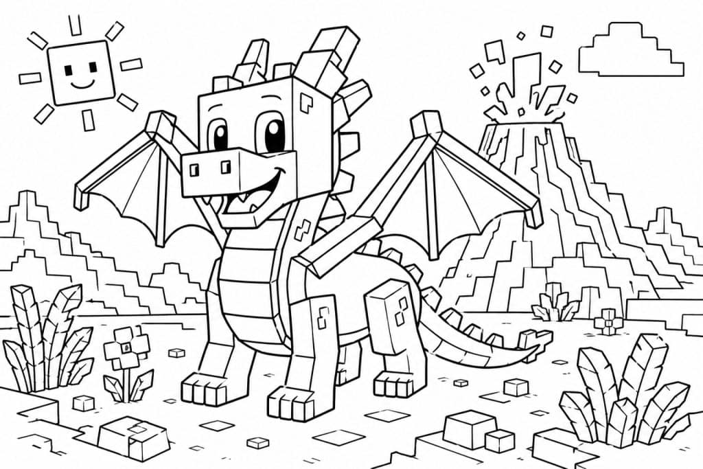 Blockwelt Drache - Ausmalbild ab 4 Jahren