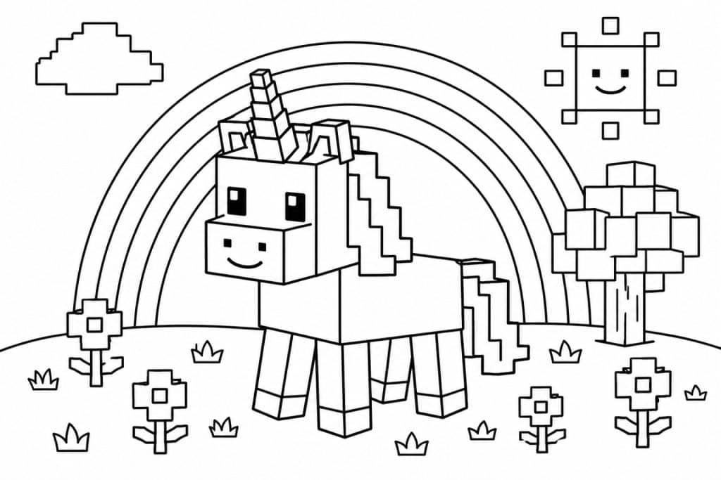 Blockwelt Einhorn - Ausmalbild ab 4 Jahren