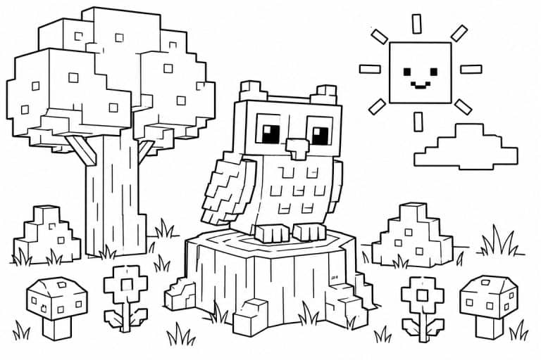 Blockwelt Eule im Wald - Ausmalbild ab 4 Jahren