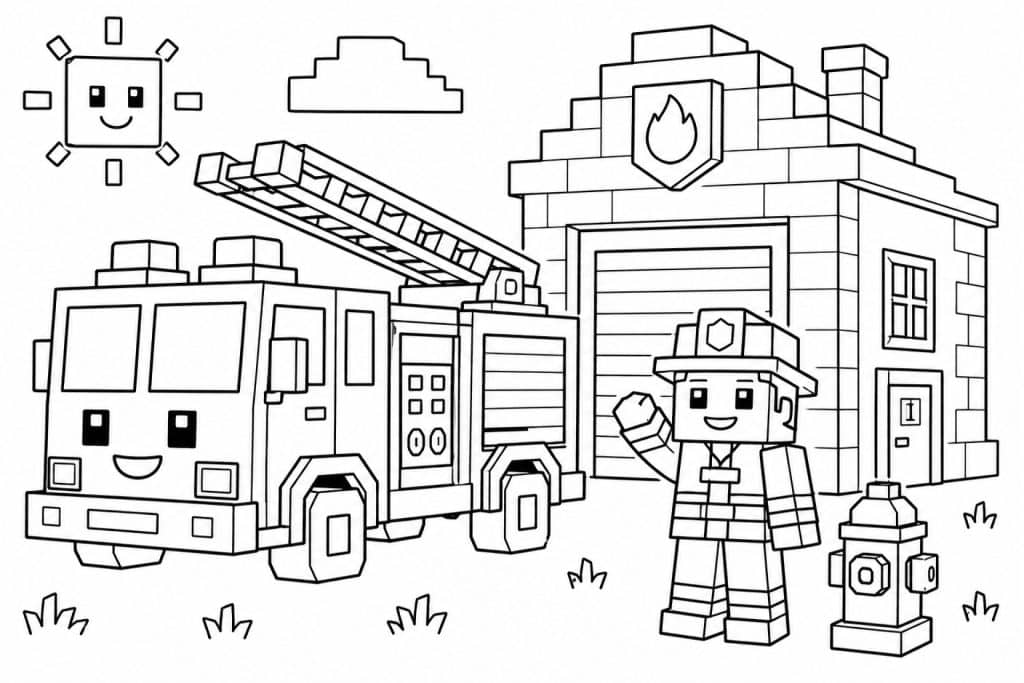 Blockwelt Feuerwehr - Ausmalbild ab 4 Jahren