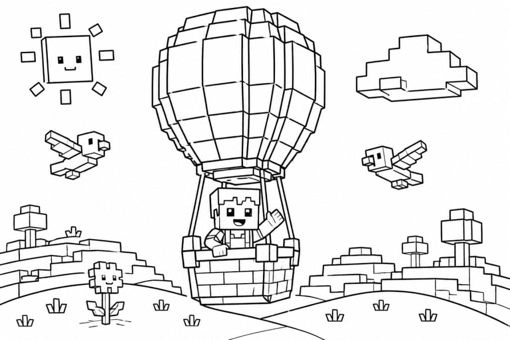 Blockwelt Heißluftballon Abenteuer - Ausmalbild ab 4 Jahren