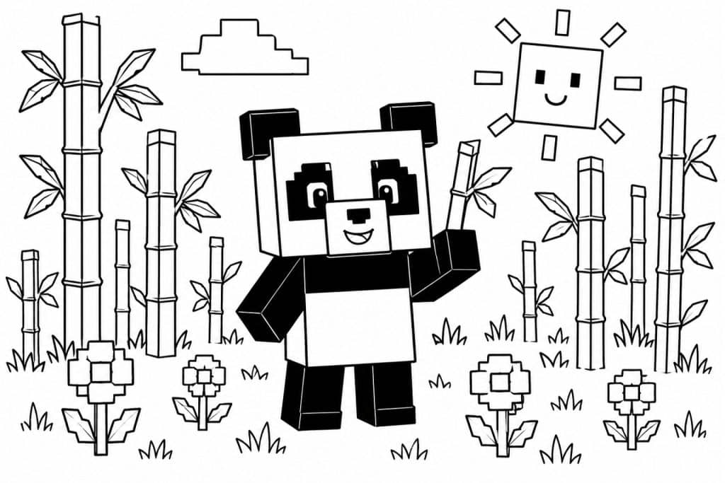 Blockwelt Panda im Bambuswald - Ausmalbild ab 4 Jahren