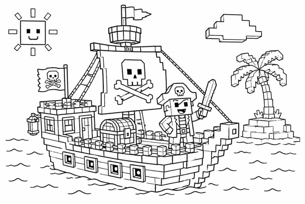 Blockwelt Piratenschiff - Ausmalbild ab 4 Jahren