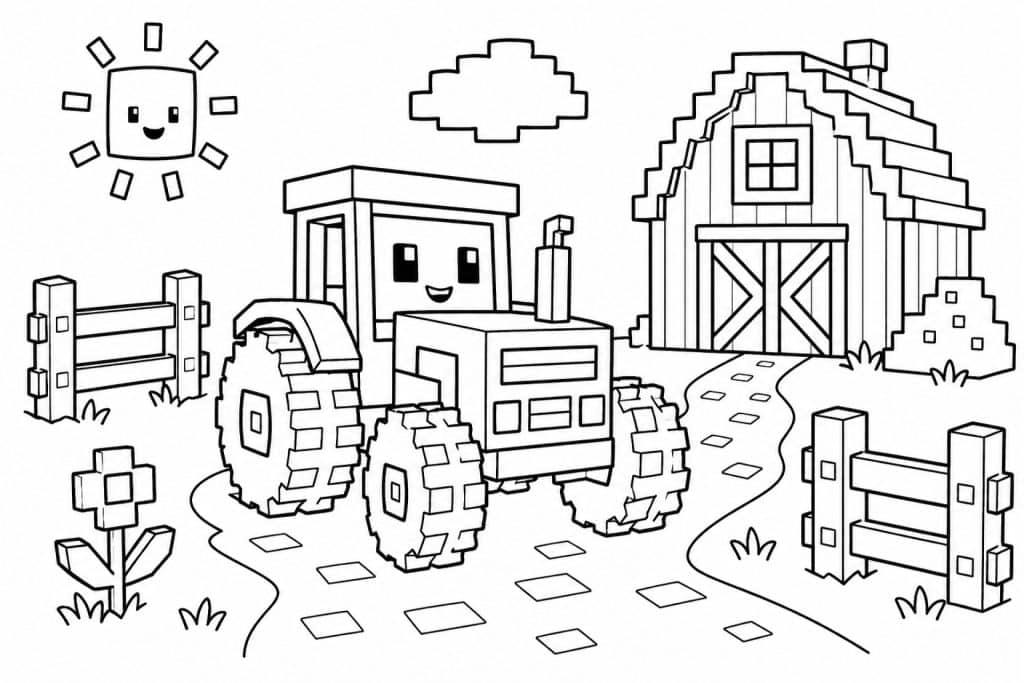 Blockwelt Traktor auf dem Bauernhof - Ausmalbild ab 4 Jahren