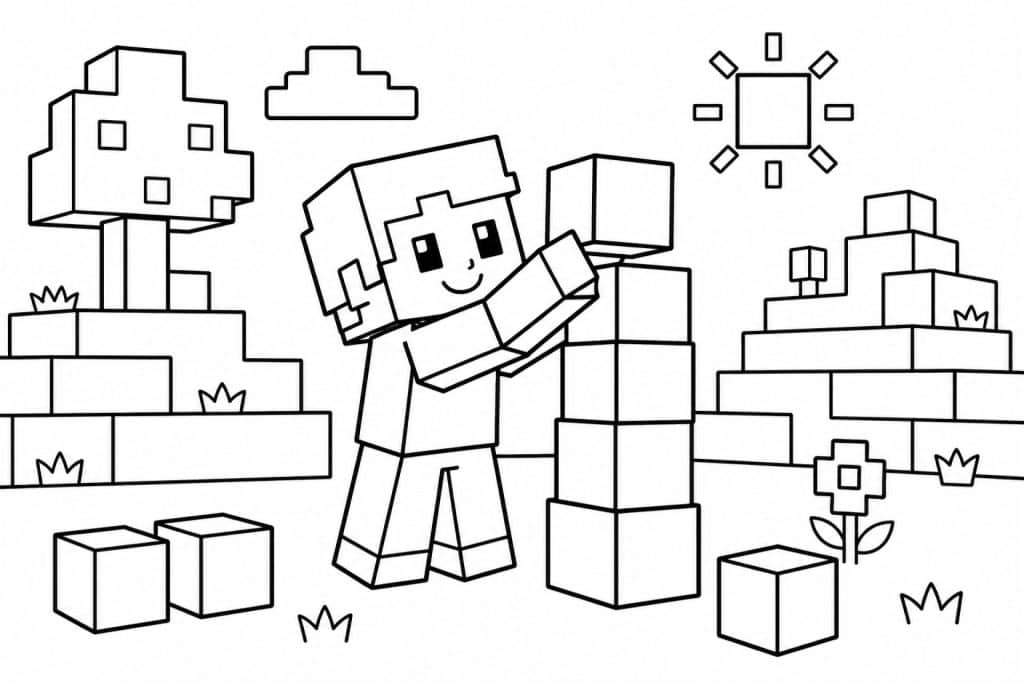 Bloxwelt Figur baut einen Turm - Ausmalbild ab 4 Jahren