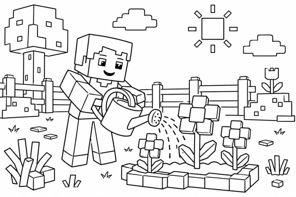 Bloxwelt Figur gießt Blumen - Ausmalbild ab 4 Jahren
