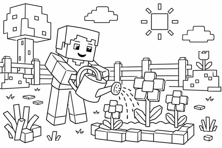 Bloxwelt Figur gießt Blumen - Ausmalbild ab 4 Jahren