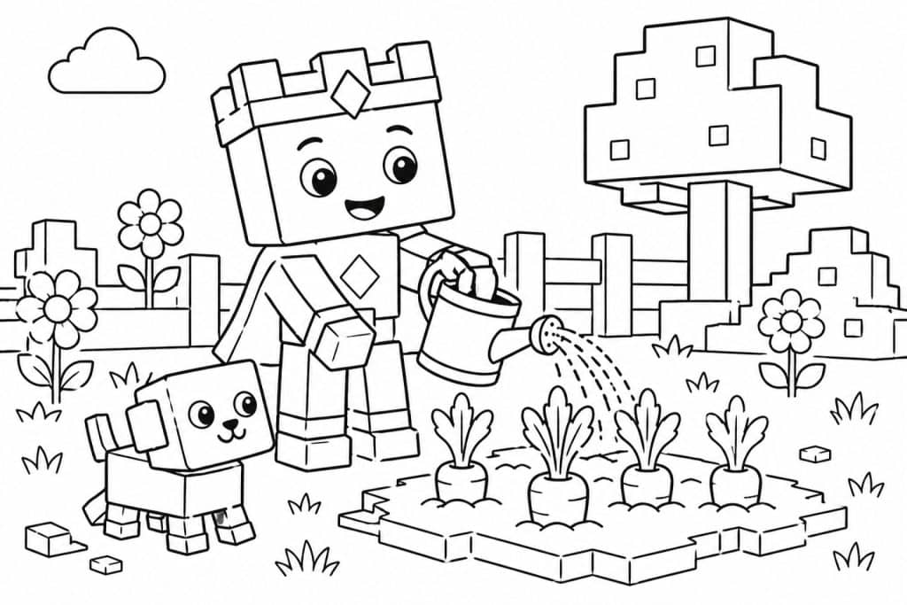 Bloxwelt Figur gießt Gemüse im Garten - Ausmalbild ab 4 Jahren