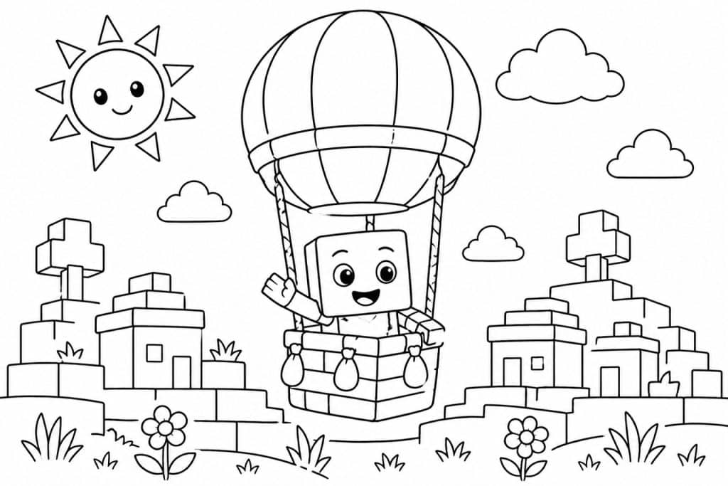 Bloxwelt Figur im Heißluftballon - Ausmalbild ab 4 Jahren