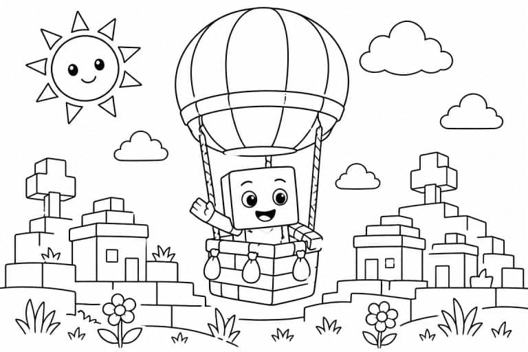 Bloxwelt Figur im Heißluftballon - Ausmalbild ab 4 Jahren