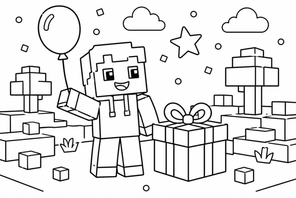 Bloxwelt Figur mit Ballon und Geschenk - Ausmalbild ab 4 Jahren