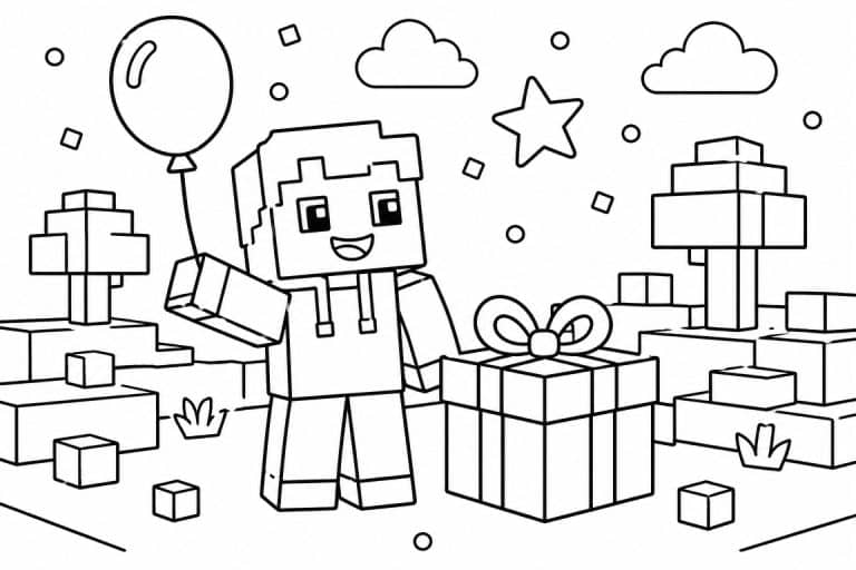 Bloxwelt Figur mit Ballon und Geschenk - Ausmalbild ab 4 Jahren