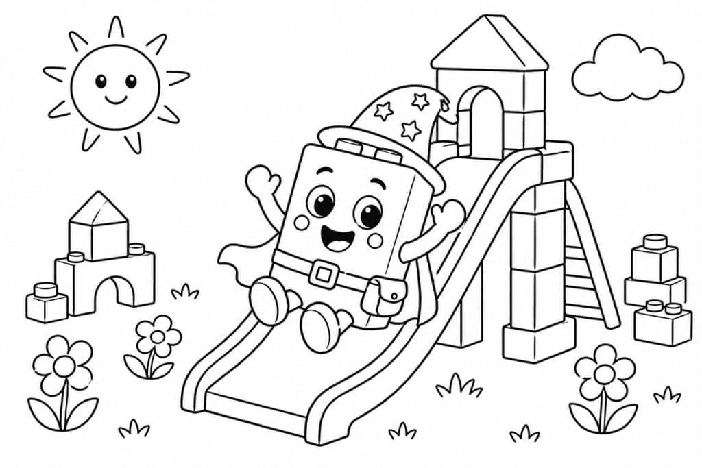 Bloxwelt Figur rutscht auf dem Spielplatz - Ausmalbild ab 4 Jahren
