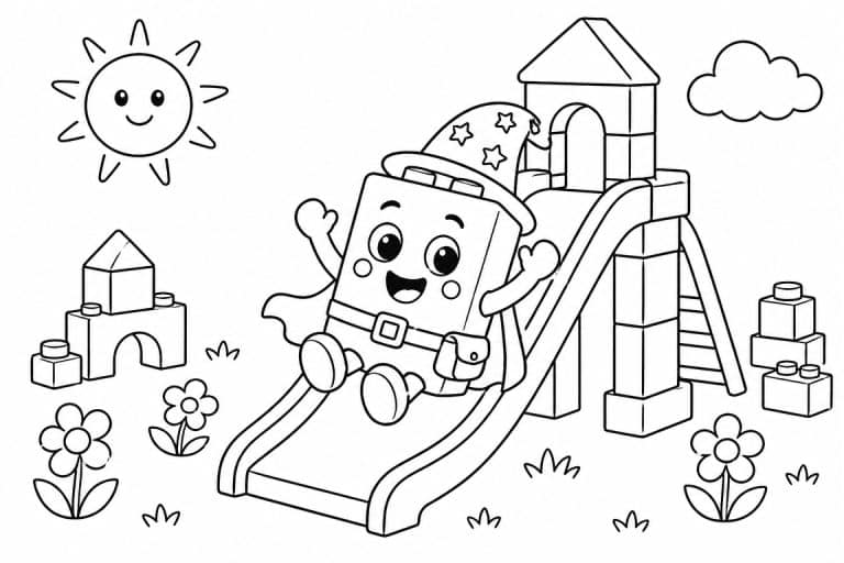 Bloxwelt Figur rutscht auf dem Spielplatz - Ausmalbild ab 4 Jahren
