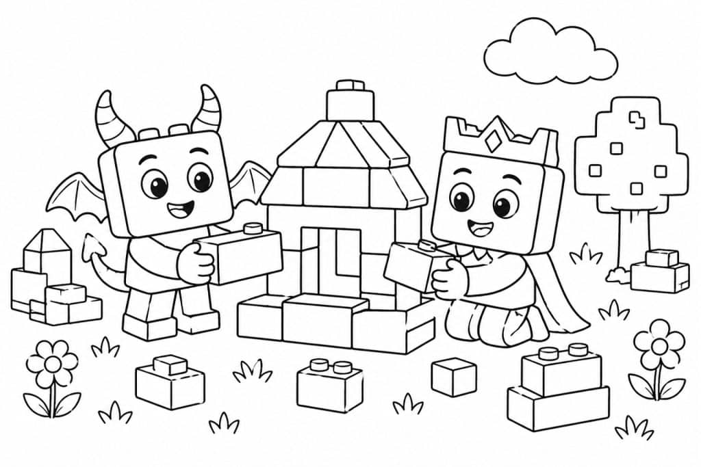 Bloxwelt Freunde bauen ein Traumhaus - Ausmalbild ab 4 Jahren