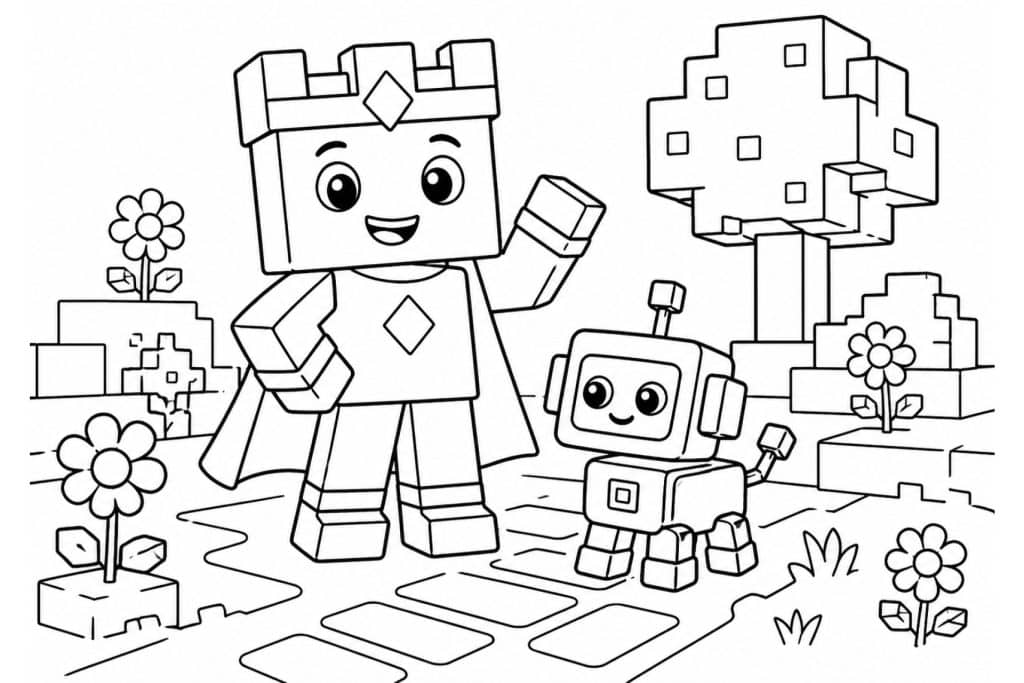 Bloxwelt König mit Roboterfreund - Ausmalbild ab 4 Jahren