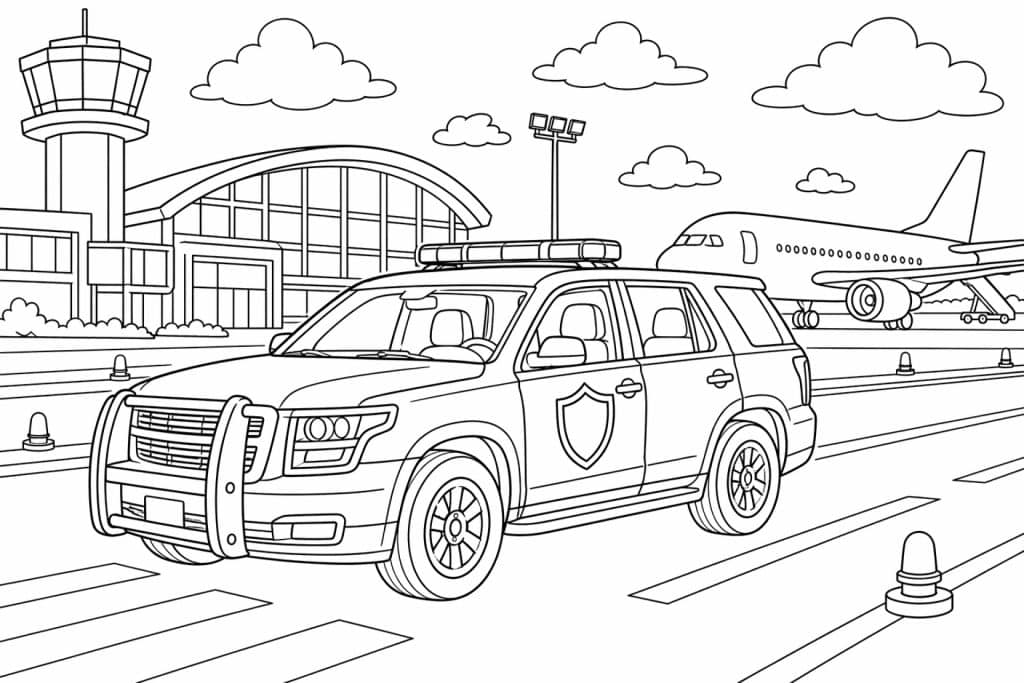 Flughafen-Polizei-SUV - Ausmalbild ab 6 Jahren