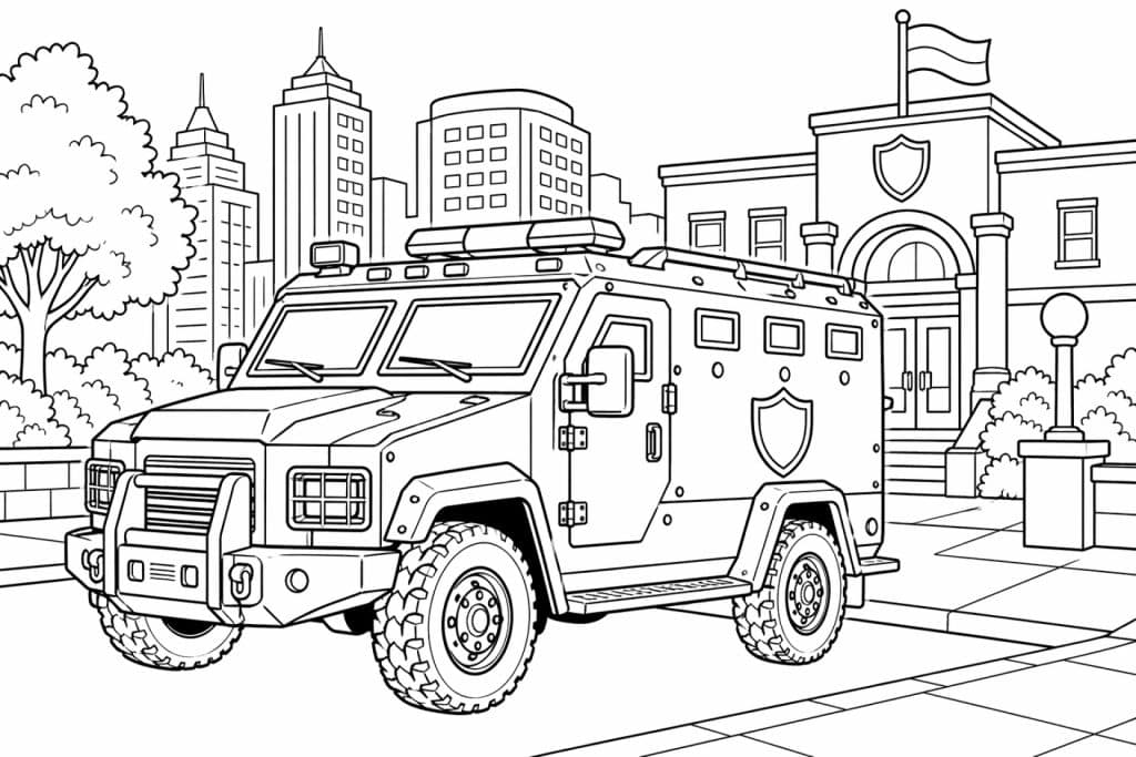 Gepanzertes Polizeifahrzeug vor der Wache - Ausmalbild ab 6 Jahren