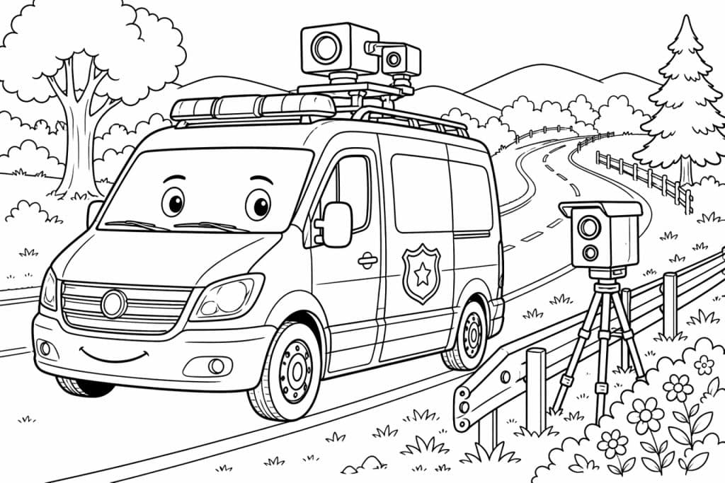 Polizei-Überwachungswagen an der Landstraße - Ausmalbild ab 6 Jahren