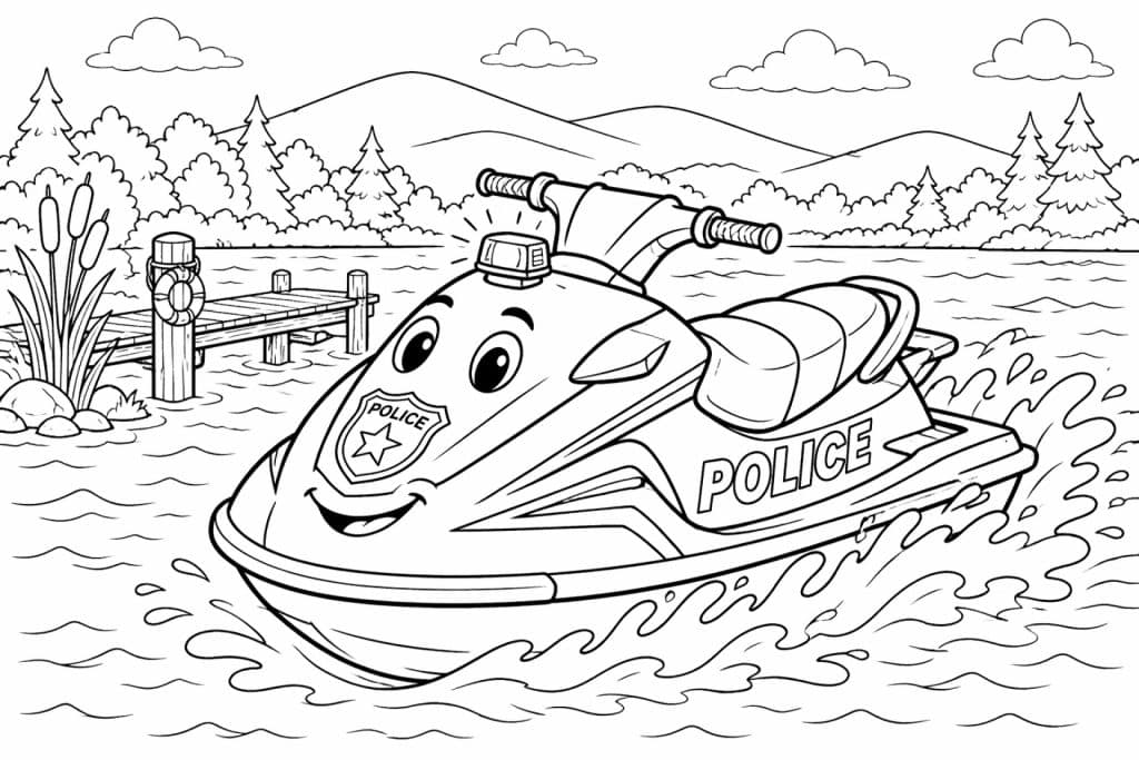 Polizei-Jetski auf dem See - Ausmalbild ab 6 Jahren