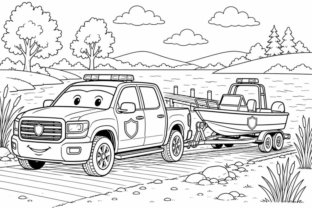 Polizei-Pick-up mit Boot am See - Ausmalbild ab 6 Jahren