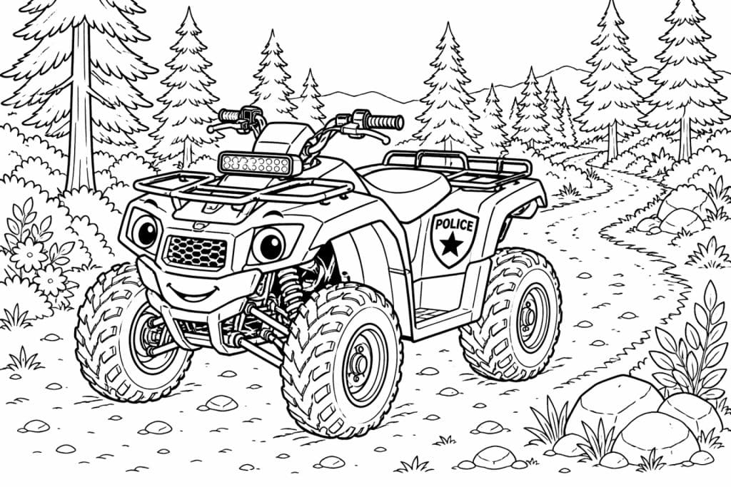 Polizei-Quad im Wald - Ausmalbild ab 6 Jahren