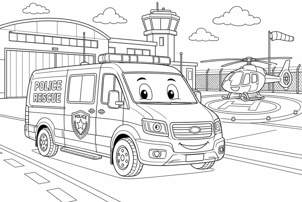 Polizei-Rettungswagen am Flughafen - Ausmalbild ab 6 Jahren