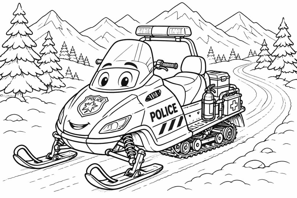 Polizei-Schneemobil in den Bergen - Ausmalbild ab 6 Jahren