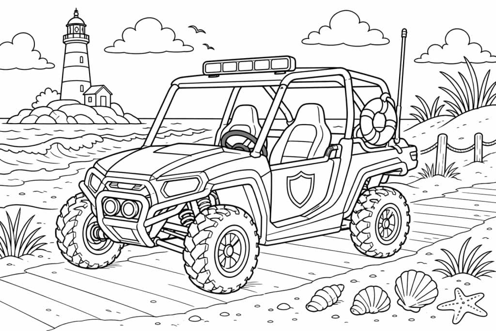 Polizei-Strandbuggy an der Küste - Ausmalbild ab 6 Jahren